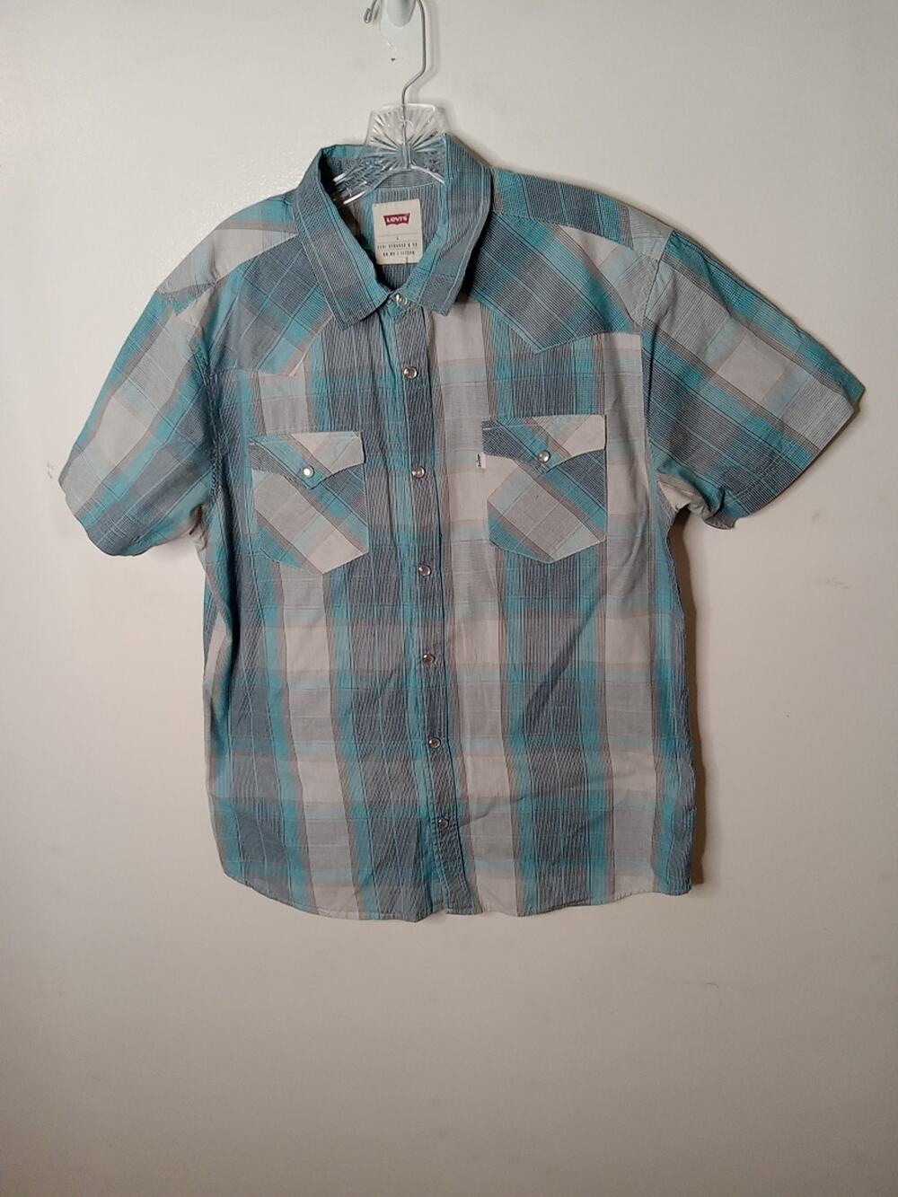 Levi's Plaid Large Short Sleeve Blue Pearlsnap Western Rodeo Shirt